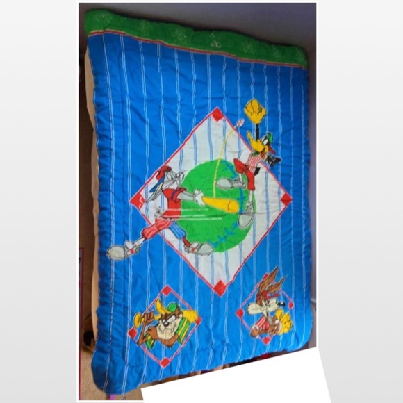 Vtg 90s Looney Tunes Blanket Twin Comforter Baseball Bugs Bunny Taz Daffy Wiley - Picture 1 of 16